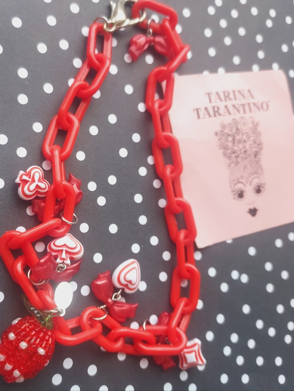Tarina Tarantino Red Chunky Charm Chain Bracelet necklace Heart & Bow Accents